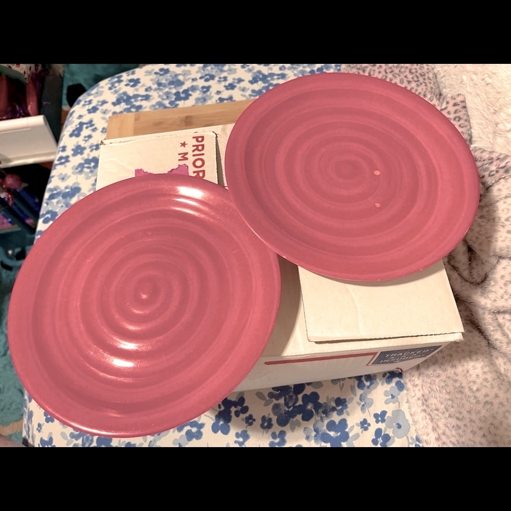 Set 2 melamine plates 8” pink Vtg Rare color